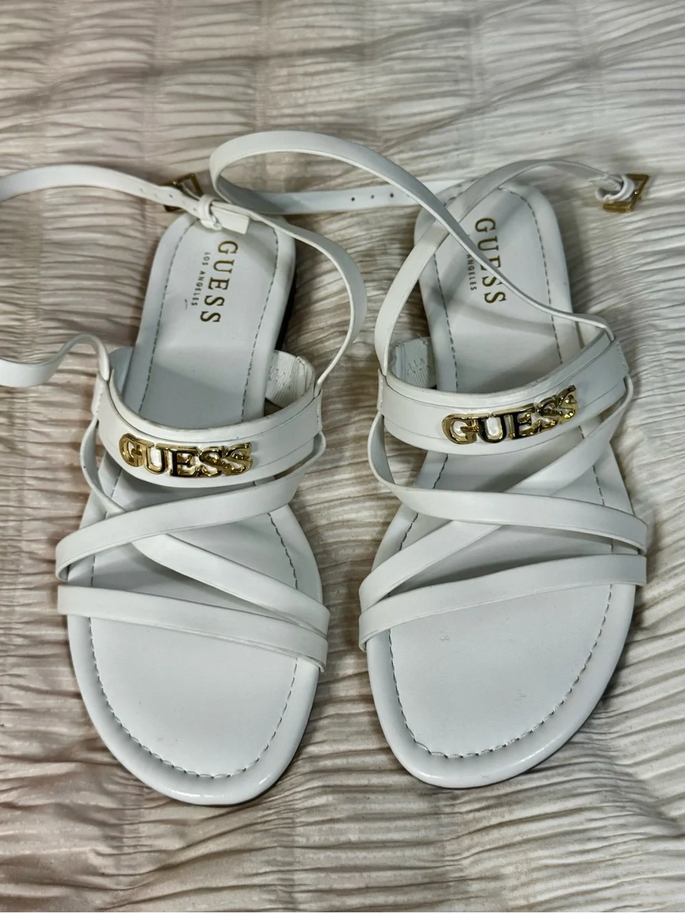 GUESS White Strappy Sandals with Gold Logo Accent Ankle Straps